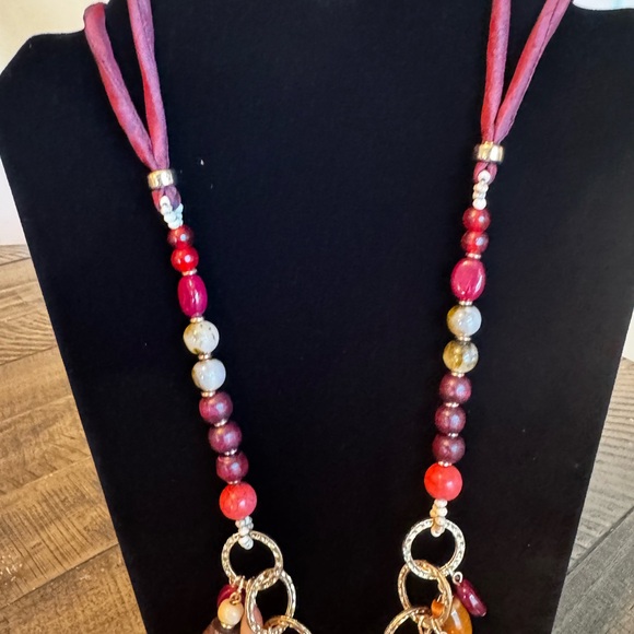 Chicos Tribal Boho Multi-Color Copal Beads Necklace Statement Goldtone Cord - Picture 4 of 11